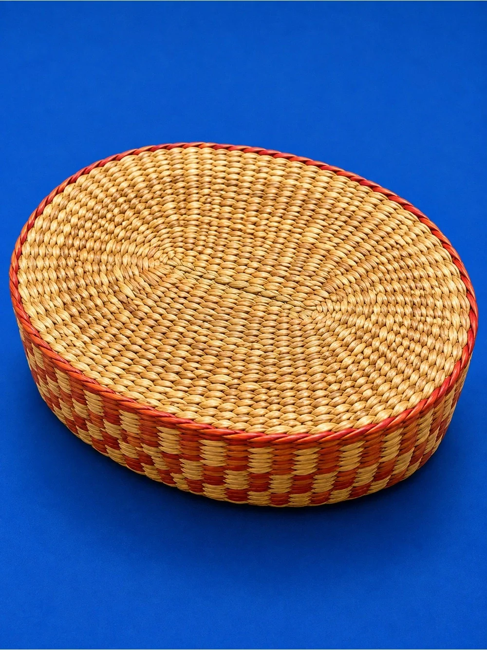 Vintage Handwoven Lidded Basket – Red & Natural Woven Storage Basket Boho Decor